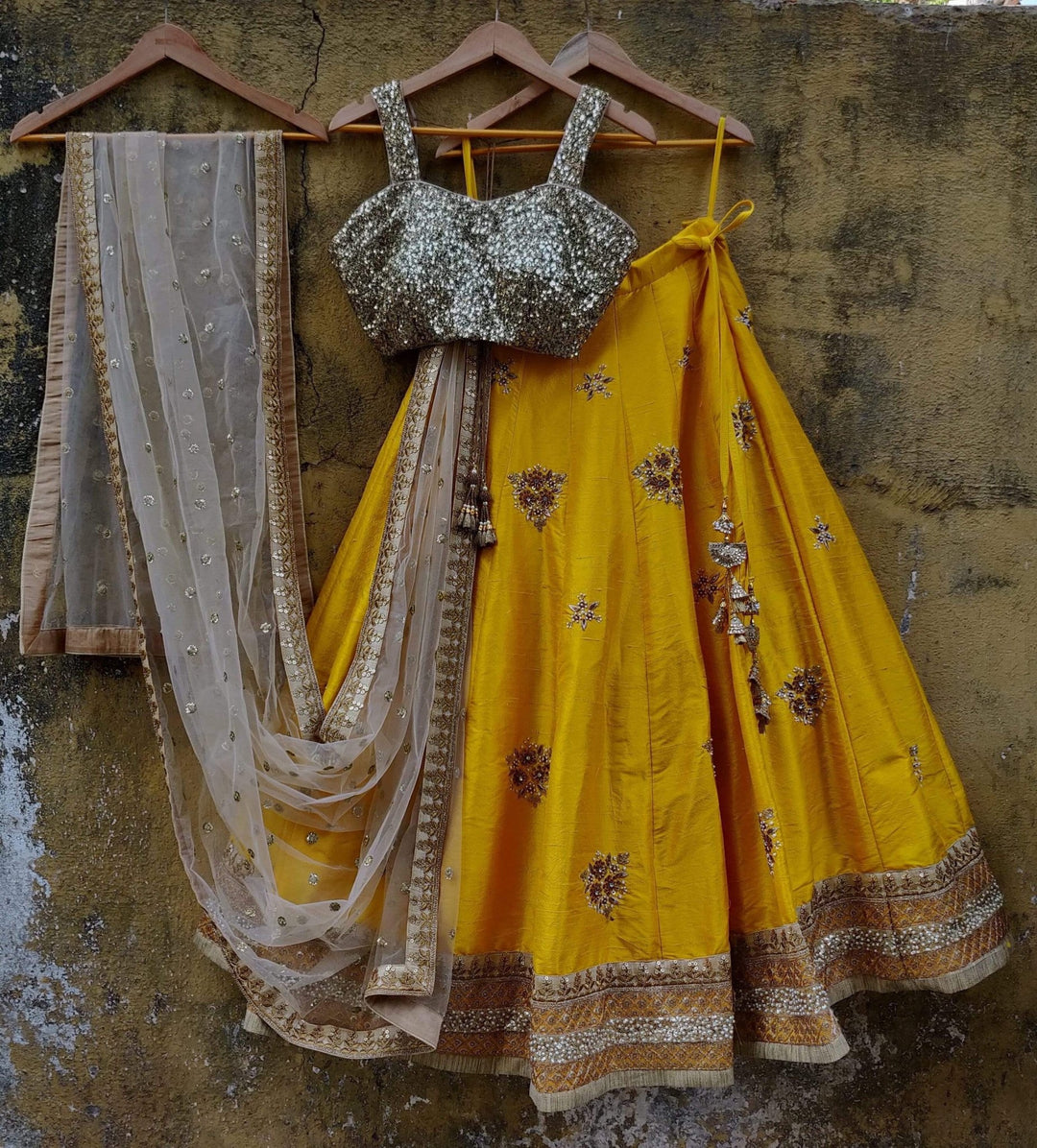 Yellow and Gold Raw Silk Lehenga Set Priti Sahni - Fabilicious Fashion