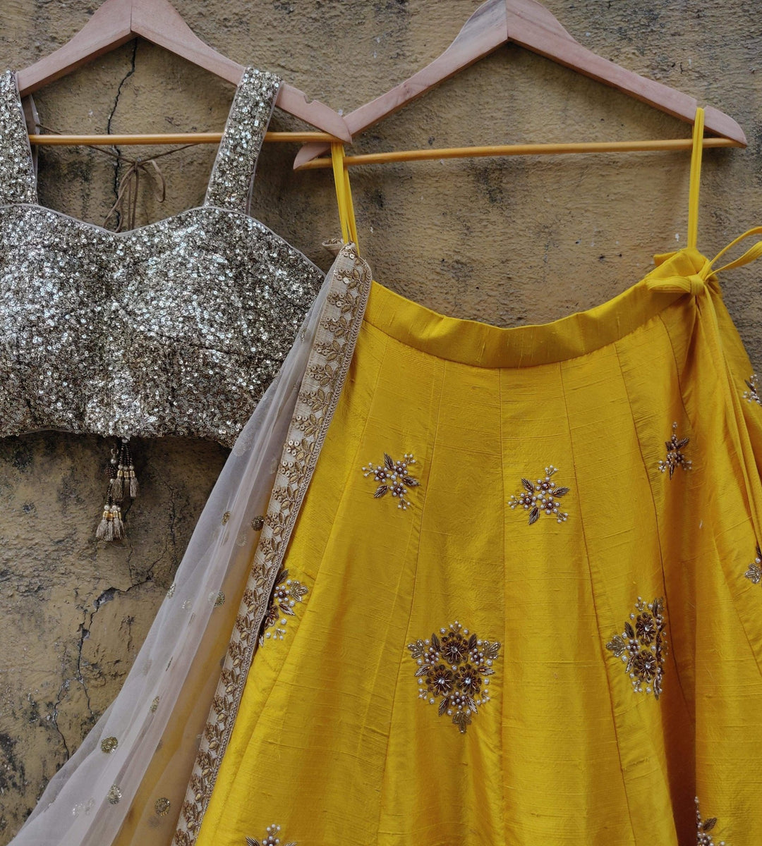 Yellow and Gold Raw Silk Lehenga Set Priti Sahni - Fabilicious Fashion