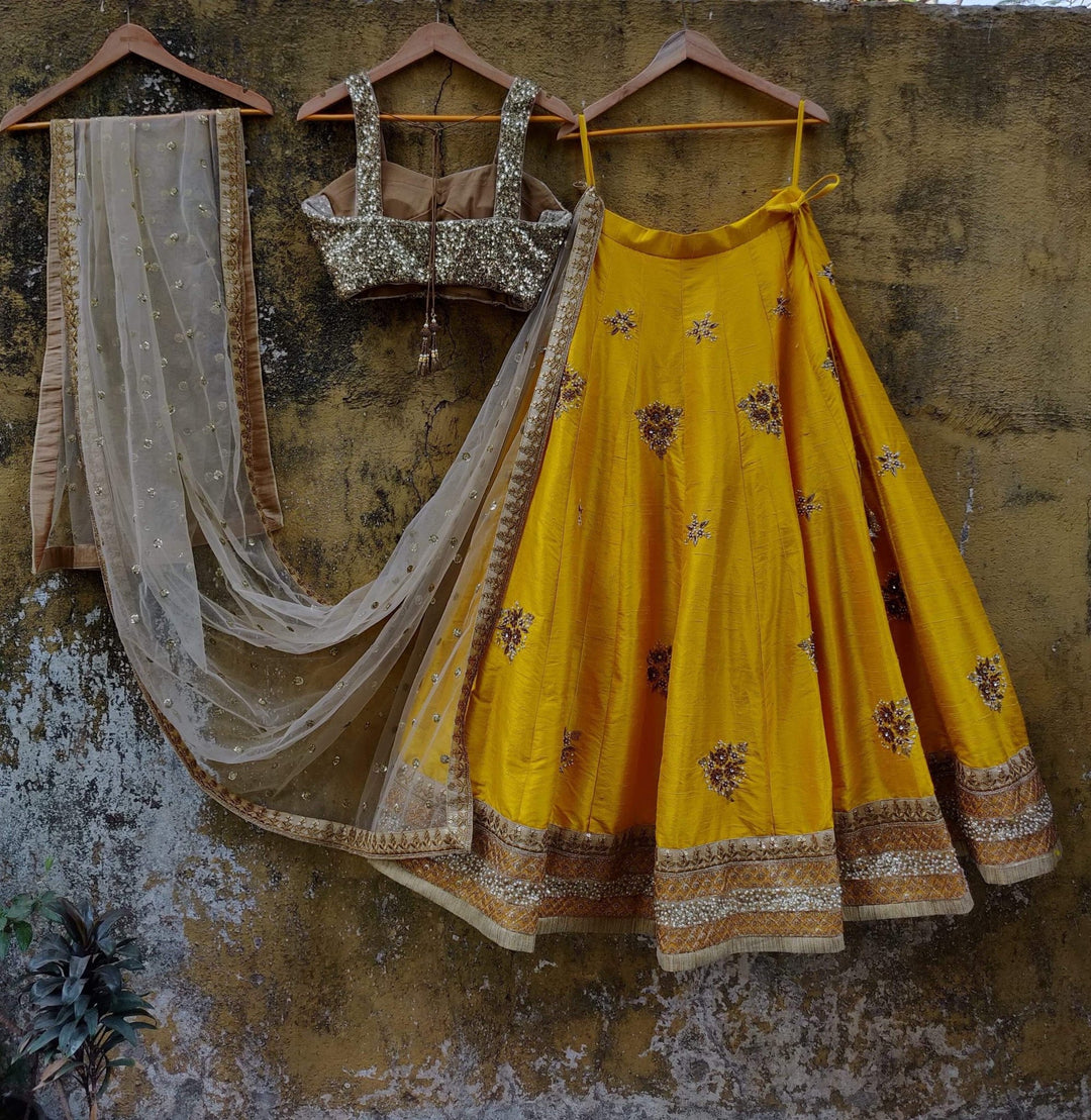 Yellow and Gold Raw Silk Lehenga Set Priti Sahni - Fabilicious Fashion