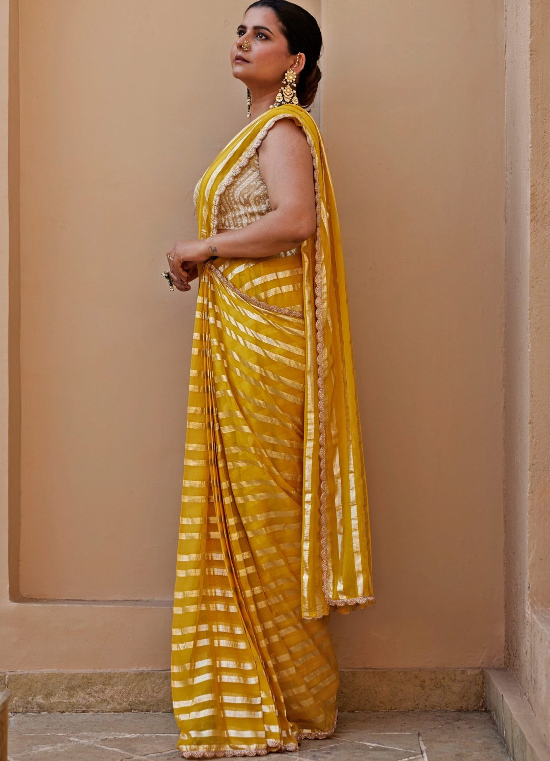 Yellow And Ivory Embroidered Saree Set Chamee and Palak - Fabilicious Fashion
