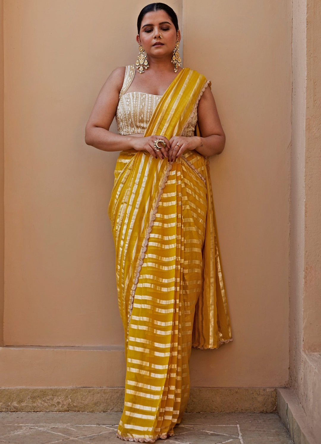 Yellow And Ivory Embroidered Saree Set Chamee and Palak - Fabilicious Fashion