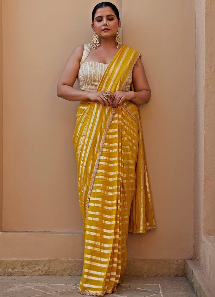Yellow And Ivory Embroidered Saree Set Chamee and Palak - Fabilicious Fashion