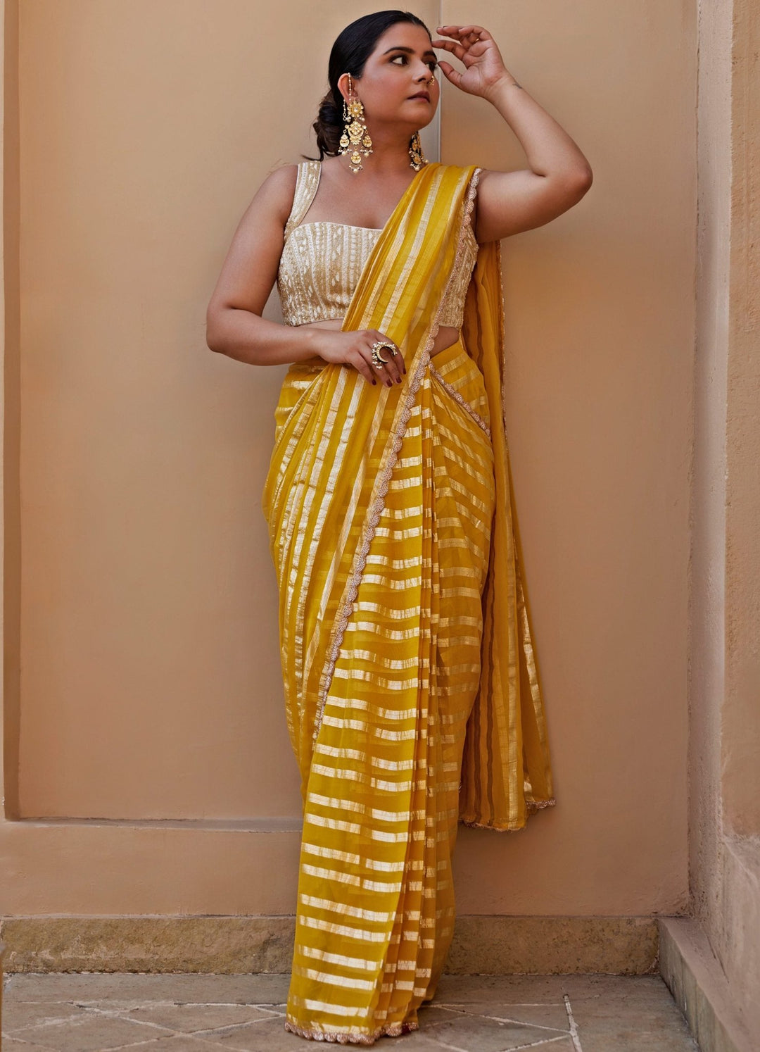 Yellow And Ivory Embroidered Saree Set Chamee and Palak - Fabilicious Fashion