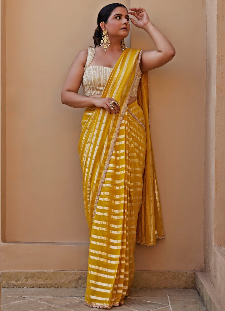 Yellow And Ivory Embroidered Saree Set Chamee and Palak - Fabilicious Fashion
