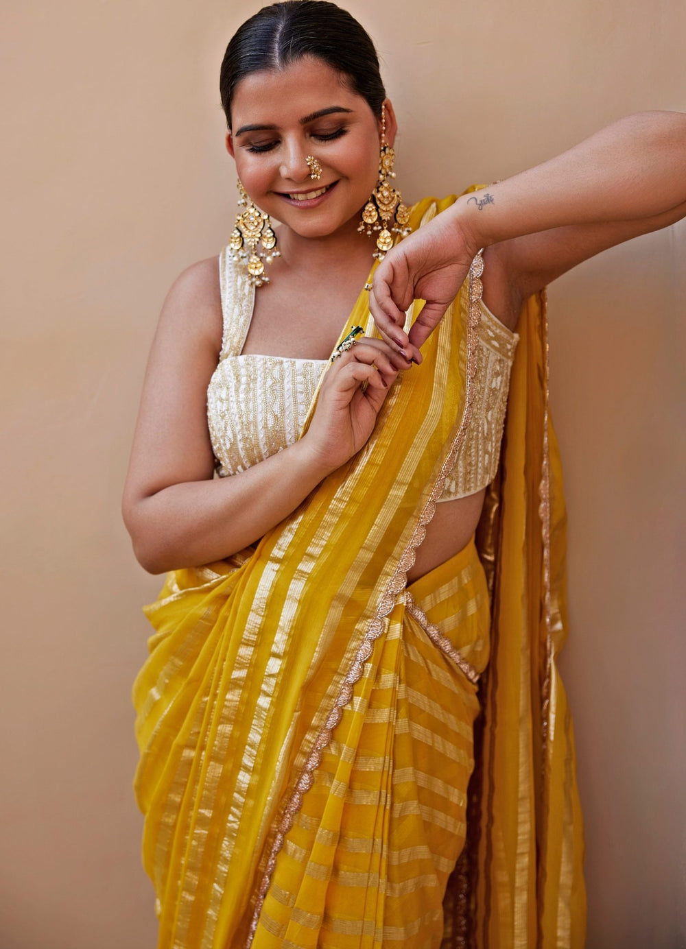 Yellow And Ivory Embroidered Saree Set Chamee and Palak - Fabilicious Fashion