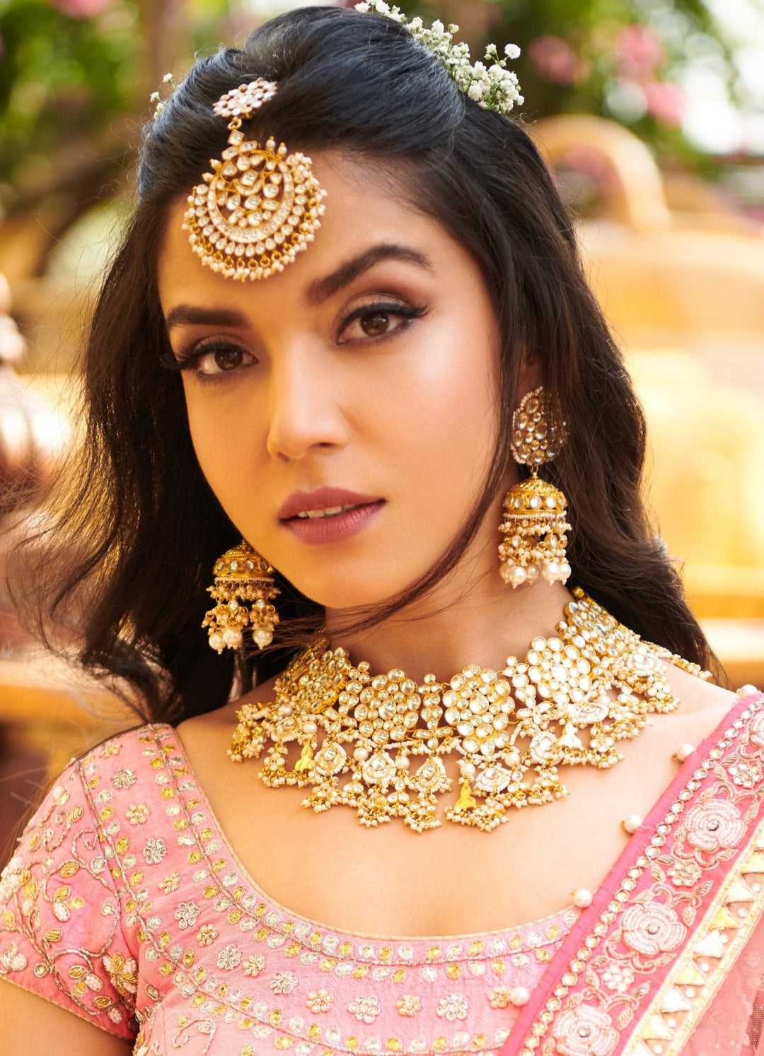 Yellow And White Jadtar Stone Double Necklace Set With Stone Hangings and Pearls Riana by Shikha Jindal - Fabilicious Fashion