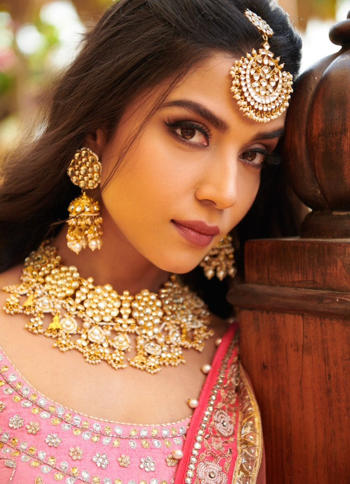 Yellow And White Jadtar Stone Double Necklace Set With Stone Hangings and Pearls Riana by Shikha Jindal - Fabilicious Fashion