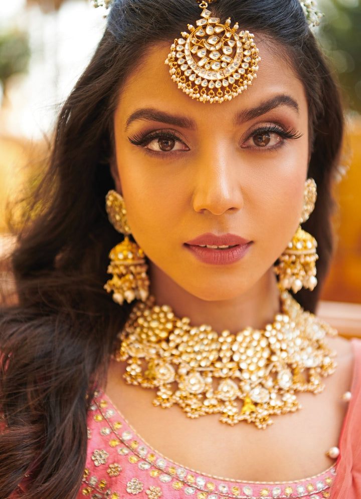 Yellow And White Jadtar Stone Double Necklace Set With Stone Hangings and Pearls Riana by Shikha Jindal - Fabilicious Fashion