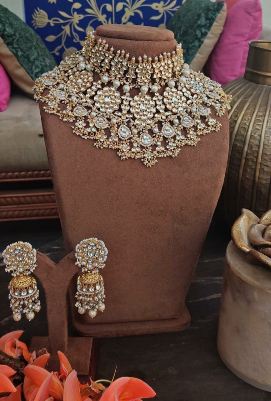 Yellow And White Jadtar Stone Double Necklace Set With Stone Hangings and Pearls Riana by Shikha Jindal - Fabilicious Fashion