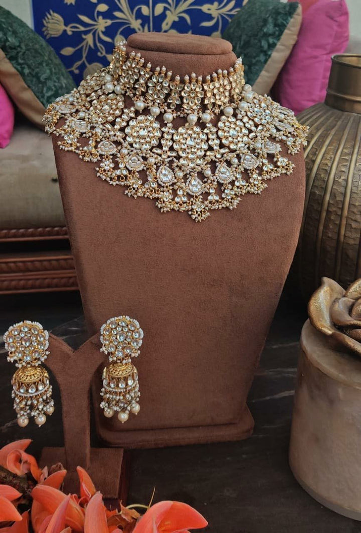 Yellow And White Jadtar Stone Double Necklace Set With Stone Hangings and Pearls Riana by Shikha Jindal - Fabilicious Fashion