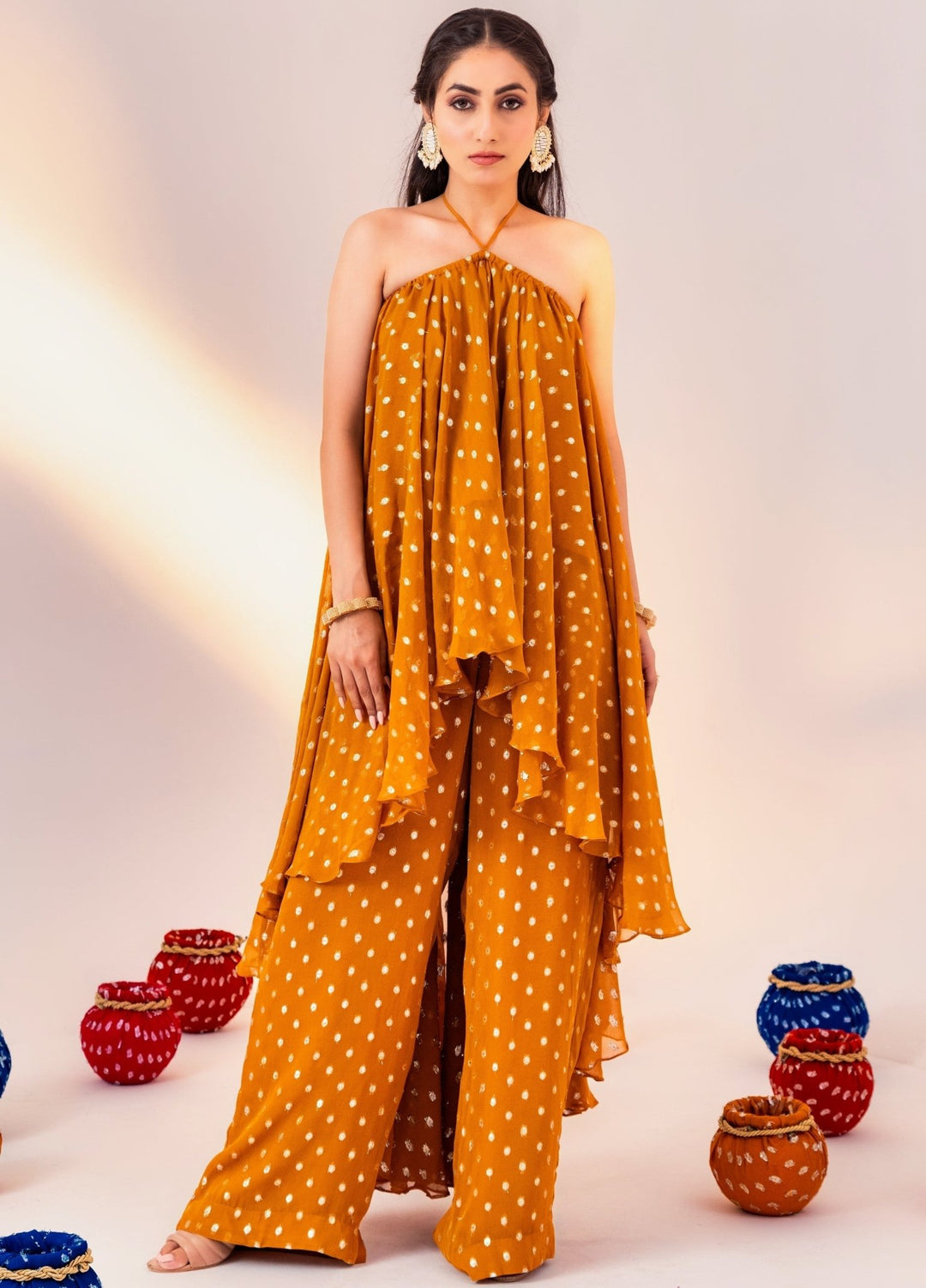 Yellow Assymetric Georgette Kurta Set With Pant Silky Bindra - Fabilicious Fashion