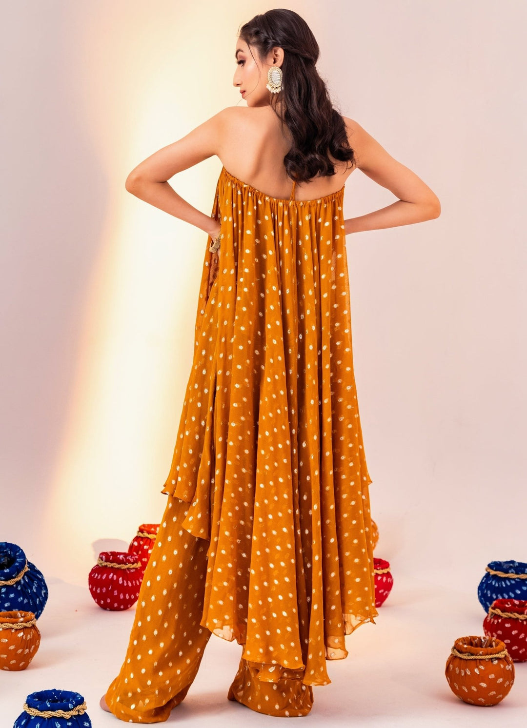 Yellow Assymetric Georgette Kurta Set With Pant Silky Bindra - Fabilicious Fashion