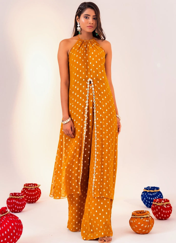 Yellow Center Slit Georgette Kurta With Pant Silky Bindra - Fabilicious Fashion
