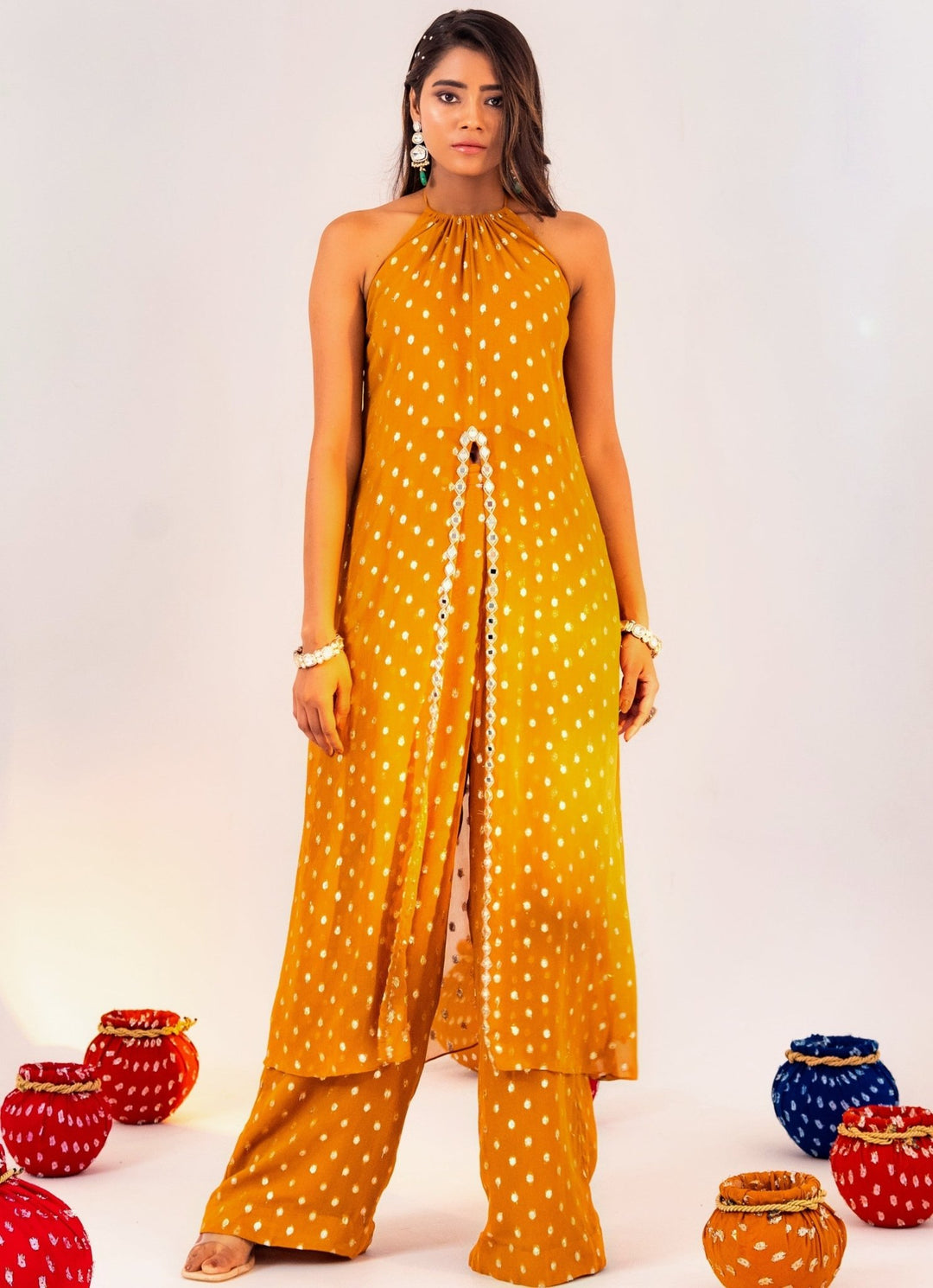 Yellow Center Slit Georgette Kurta With Pant Silky Bindra - Fabilicious Fashion
