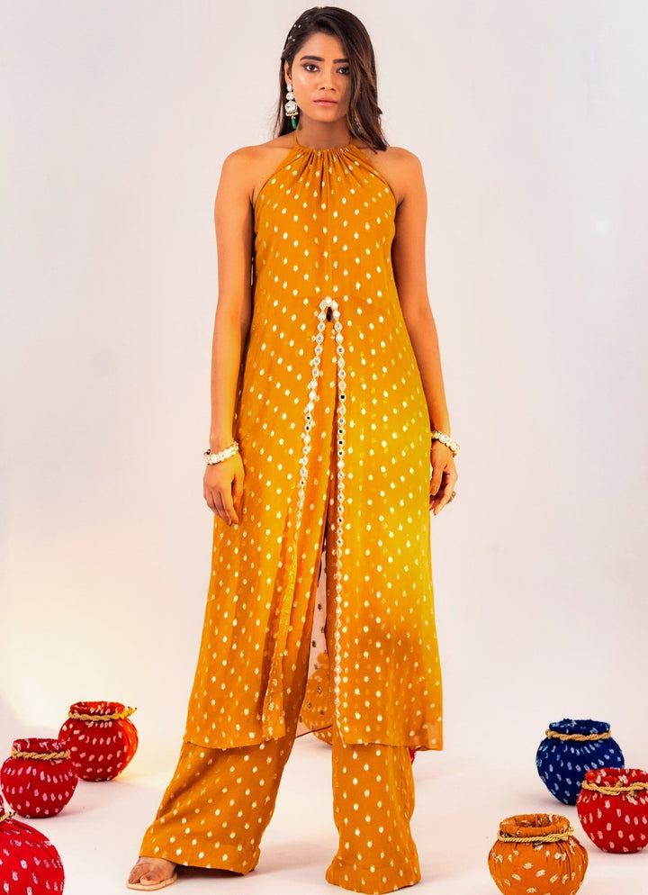 Yellow Center Slit Georgette Kurta With Pant Silky Bindra - Fabilicious Fashion