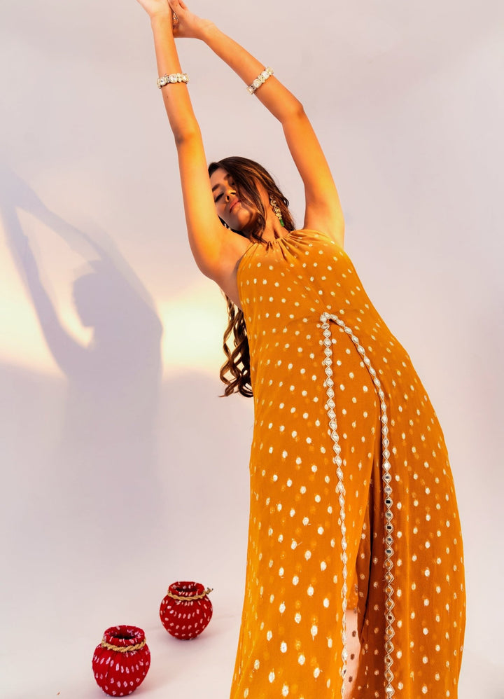 Yellow Center Slit Georgette Kurta With Pant Silky Bindra - Fabilicious Fashion