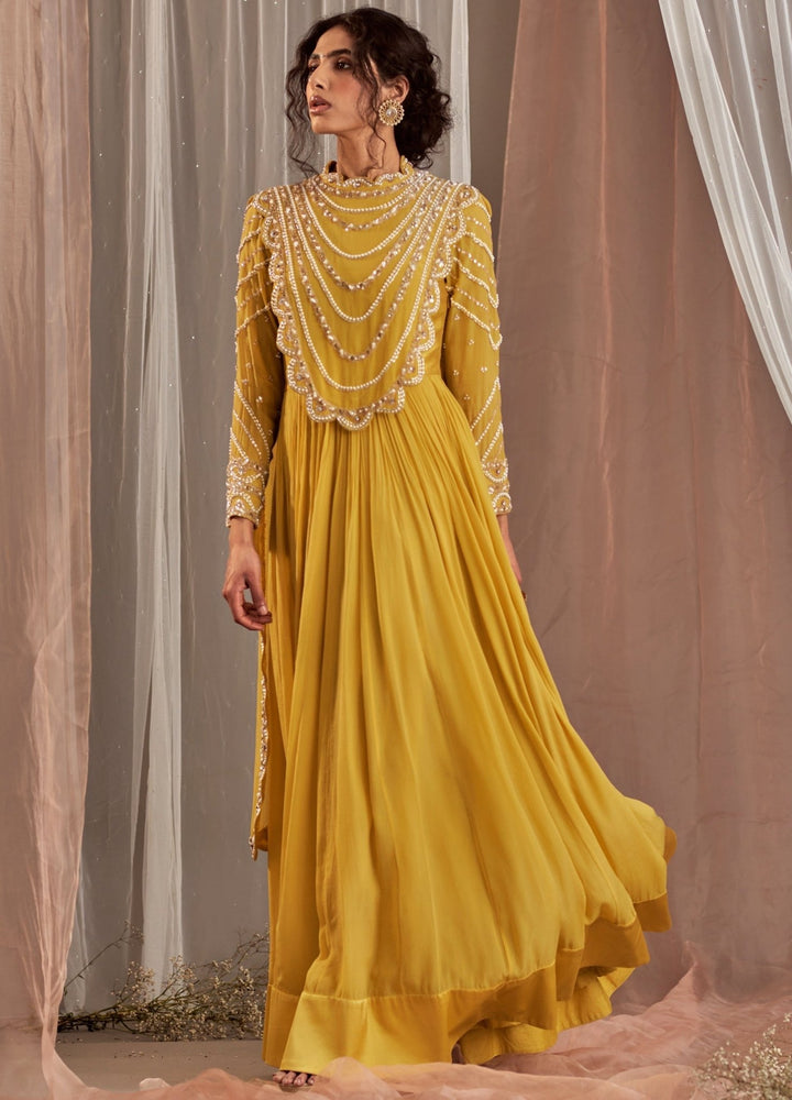 Yellow Crepe Anarkali With Embellished Neckline And Draped Dupatta Nidhika Shekhar - Fabilicious Fashion