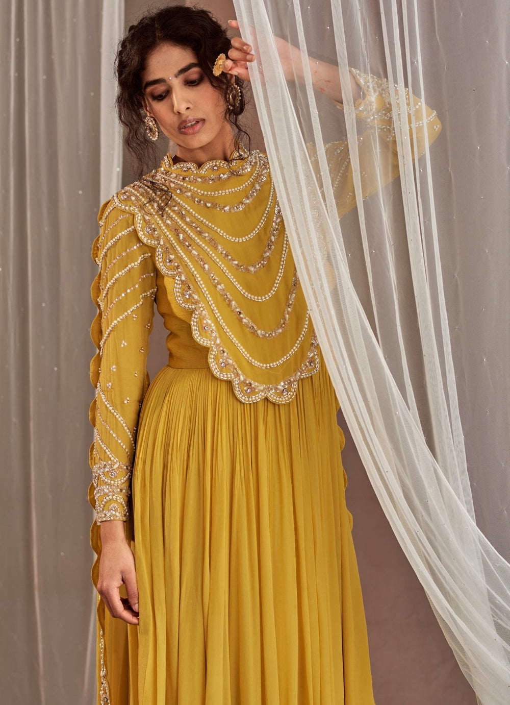 Yellow Crepe Anarkali With Embellished Neckline And Draped Dupatta Nidhika Shekhar - Fabilicious Fashion