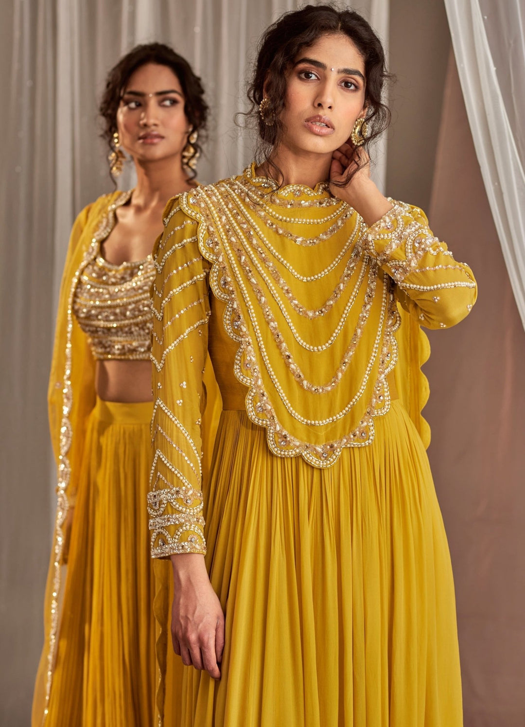 Yellow Crepe Anarkali With Embellished Neckline And Draped Dupatta Nidhika Shekhar - Fabilicious Fashion