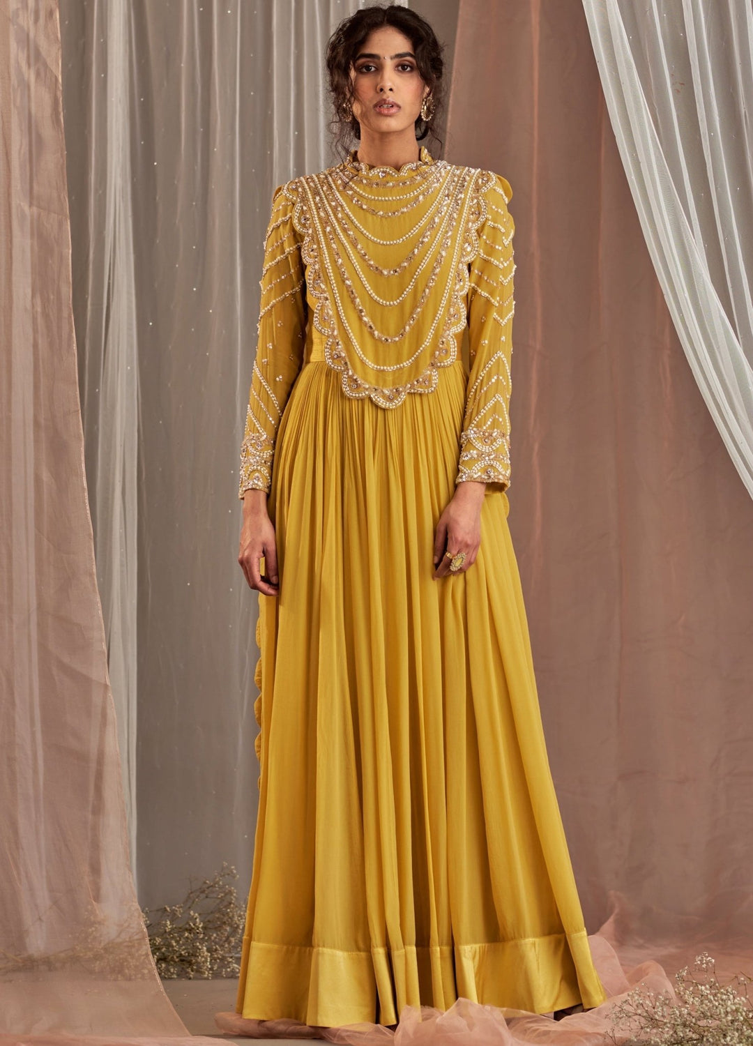 Yellow Crepe Anarkali With Embellished Neckline And Draped Dupatta Nidhika Shekhar - Fabilicious Fashion
