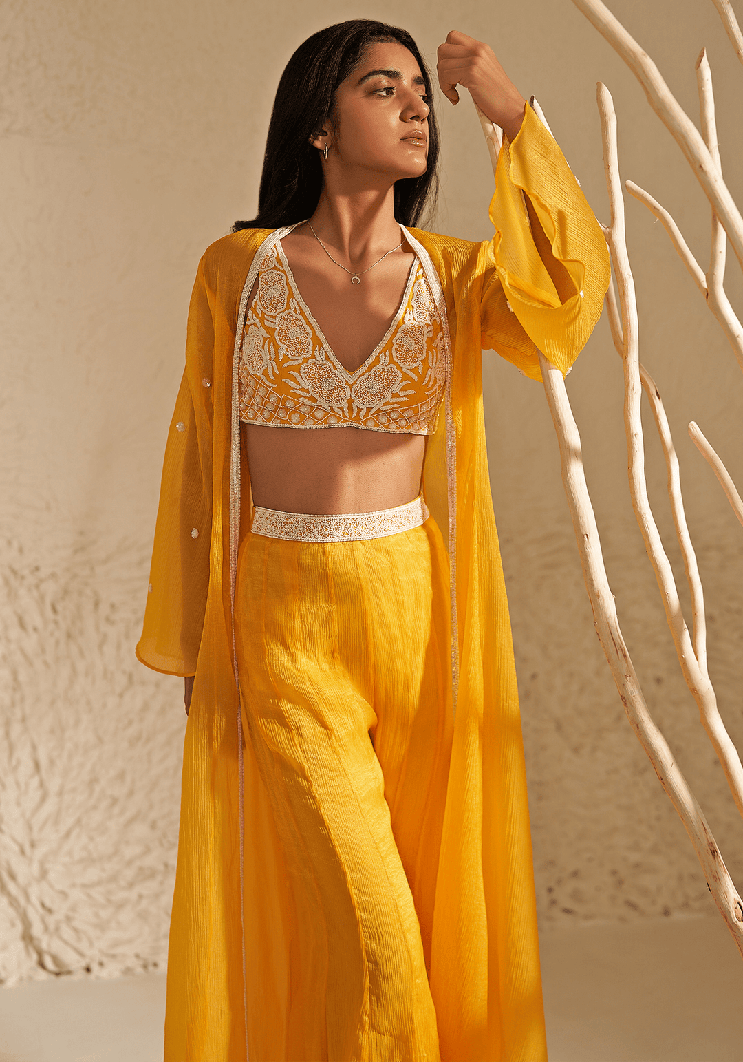 Yellow Embroidered Kurta Jacket Set Zoon Tribe - Fabilicious Fashion
