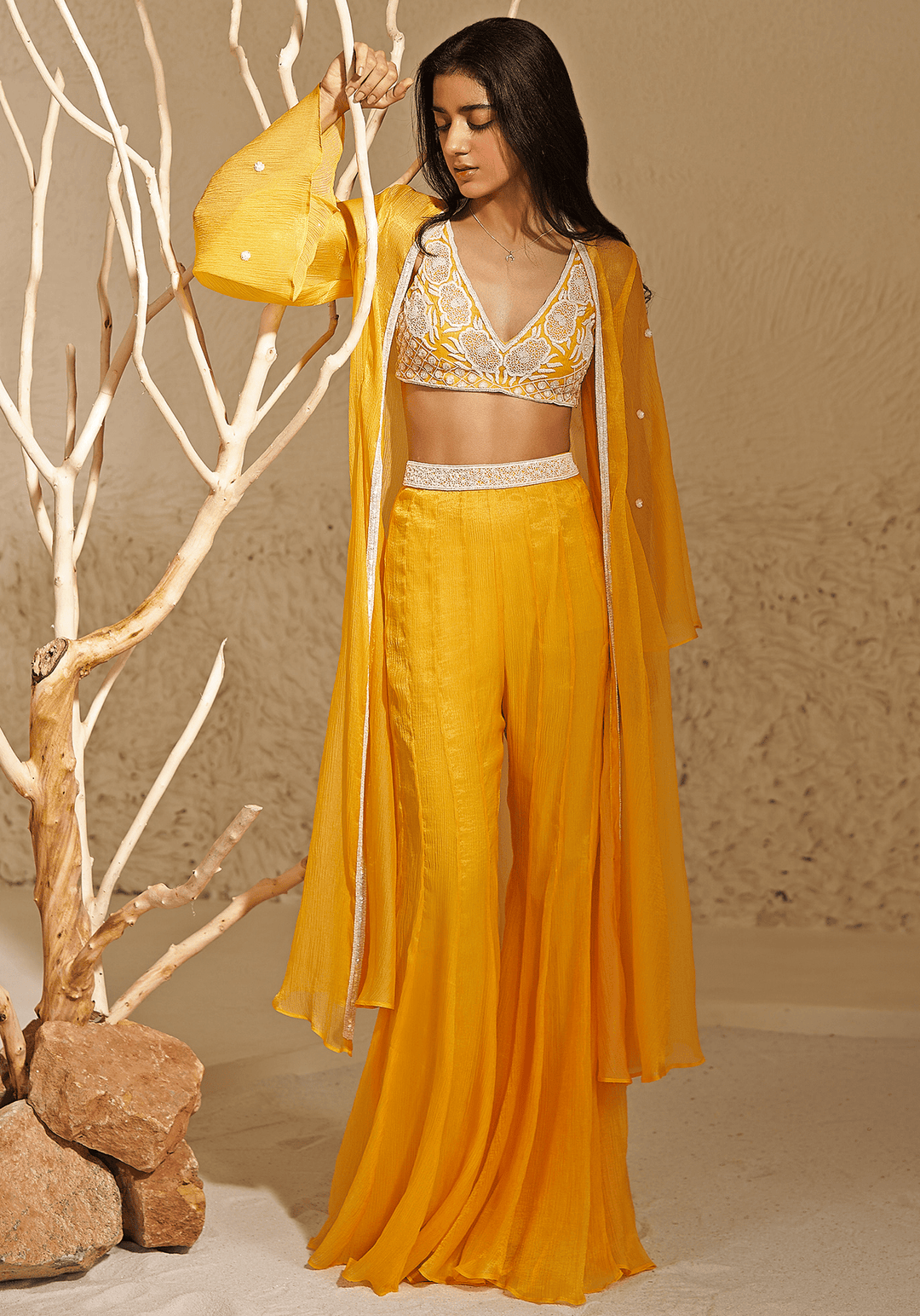 Yellow Embroidered Kurta Jacket Set Zoon Tribe - Fabilicious Fashion