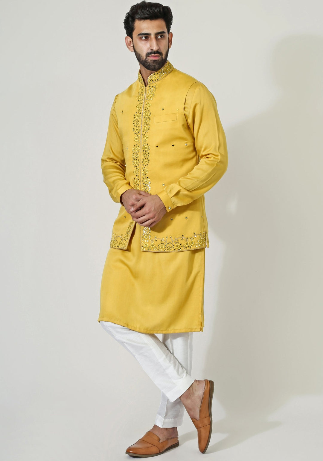 Yellow Embroidered Nehru Jacket Kurta Set Chatenya Mittal - Fabilicious Fashion