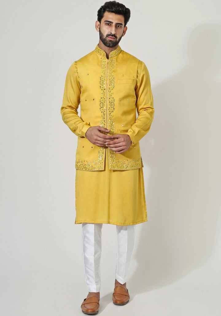 Yellow Embroidered Nehru Jacket Kurta Set Chatenya Mittal - Fabilicious Fashion