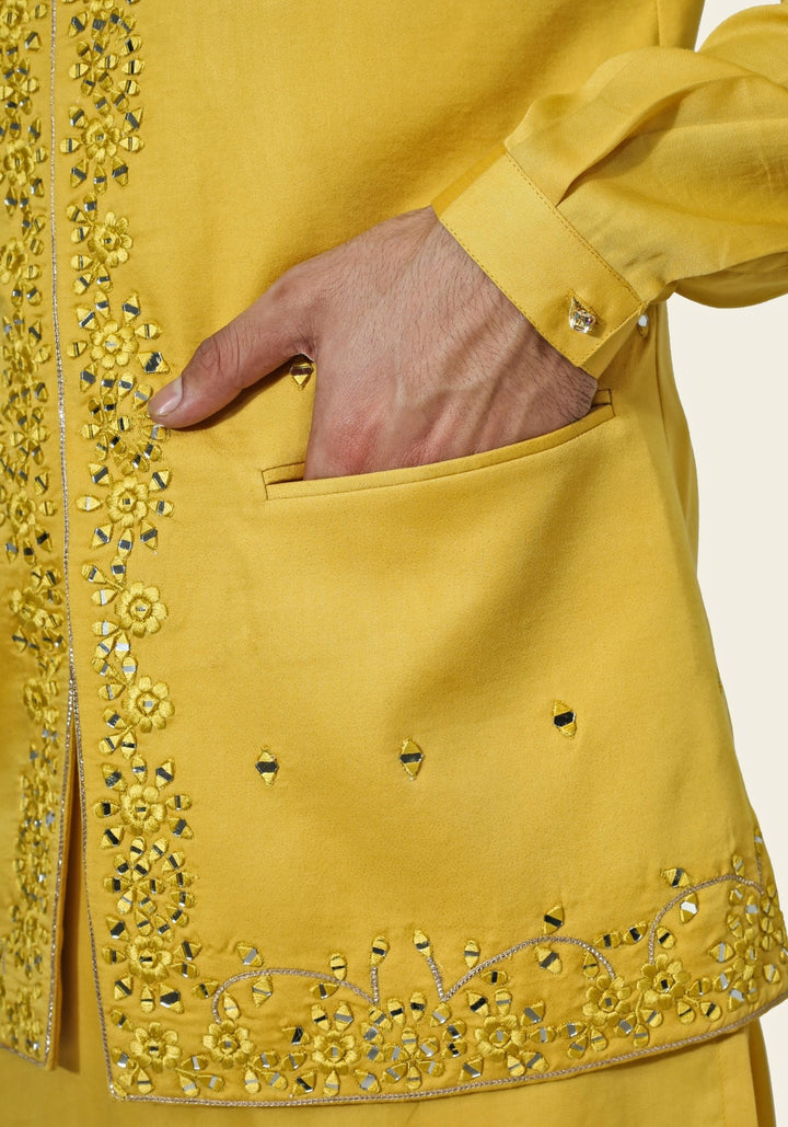 Yellow Embroidered Nehru Jacket Kurta Set Chatenya Mittal - Fabilicious Fashion