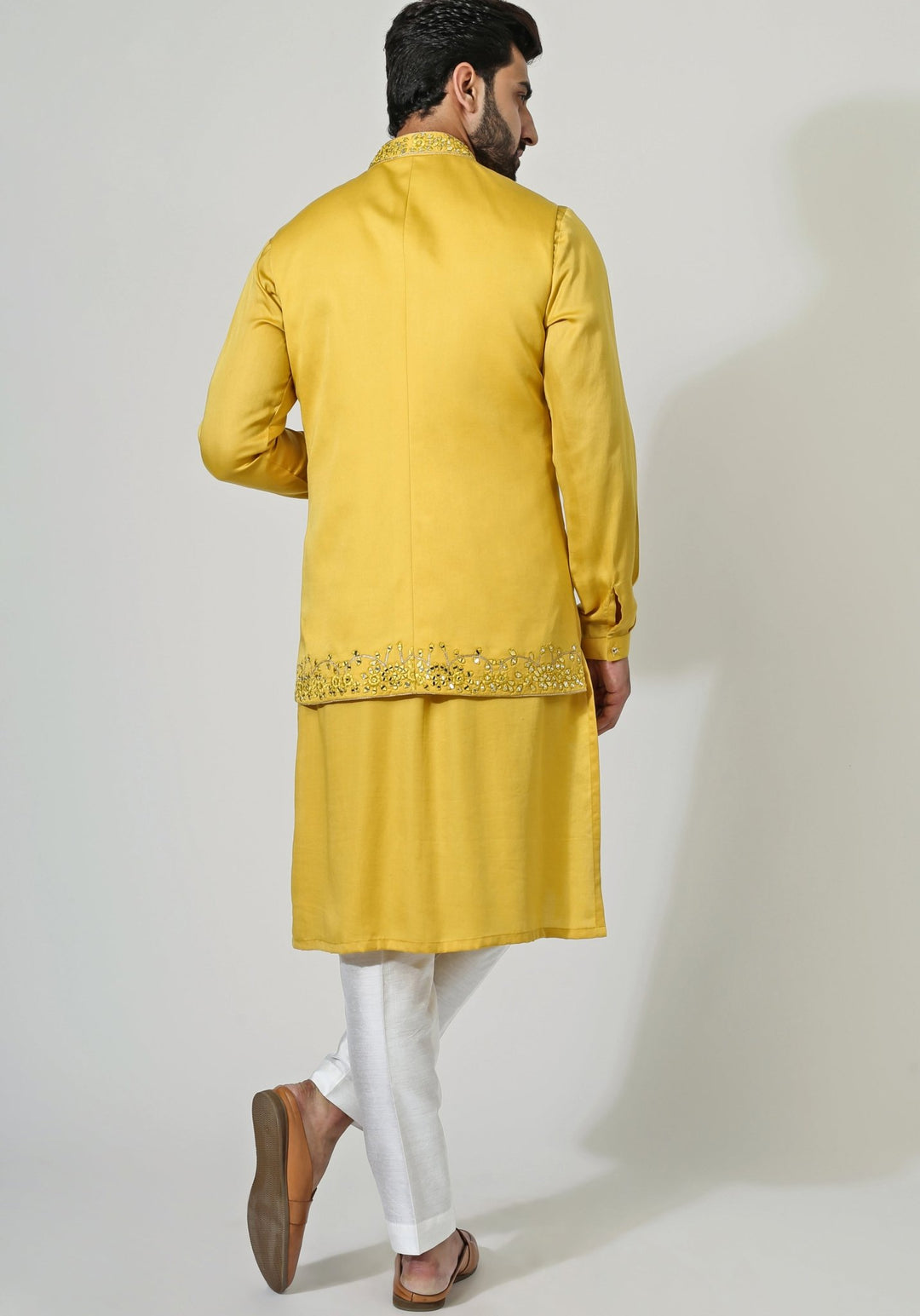 Yellow Embroidered Nehru Jacket Kurta Set Chatenya Mittal - Fabilicious Fashion