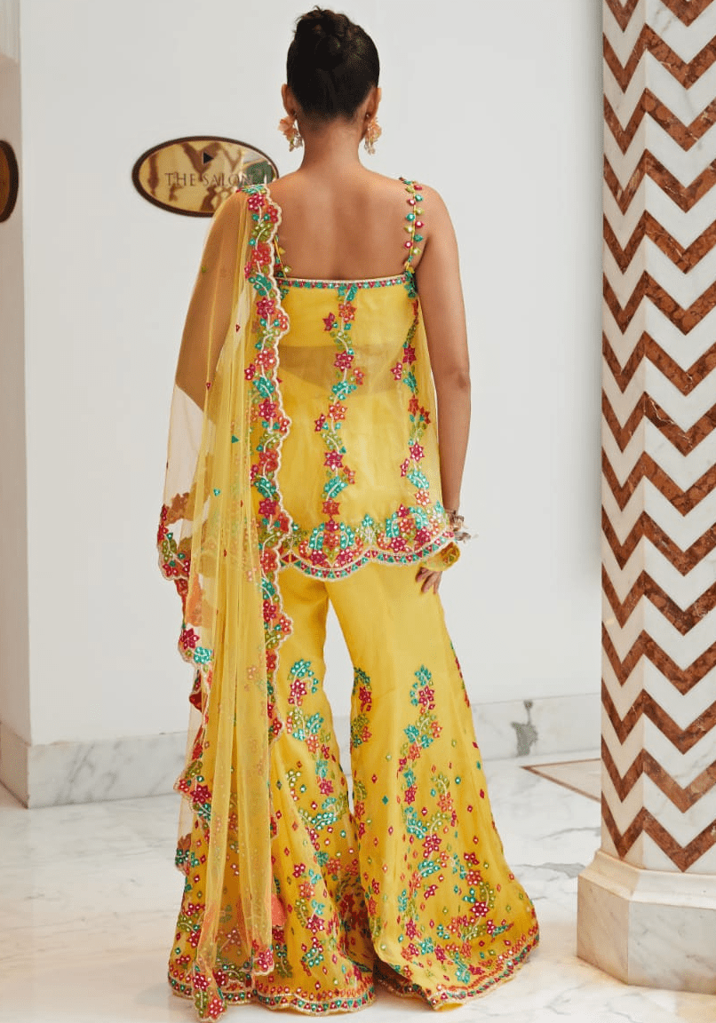 Yellow Embroidered Organza Sharara Set Nitika Gujral - Fabilicious Fashion