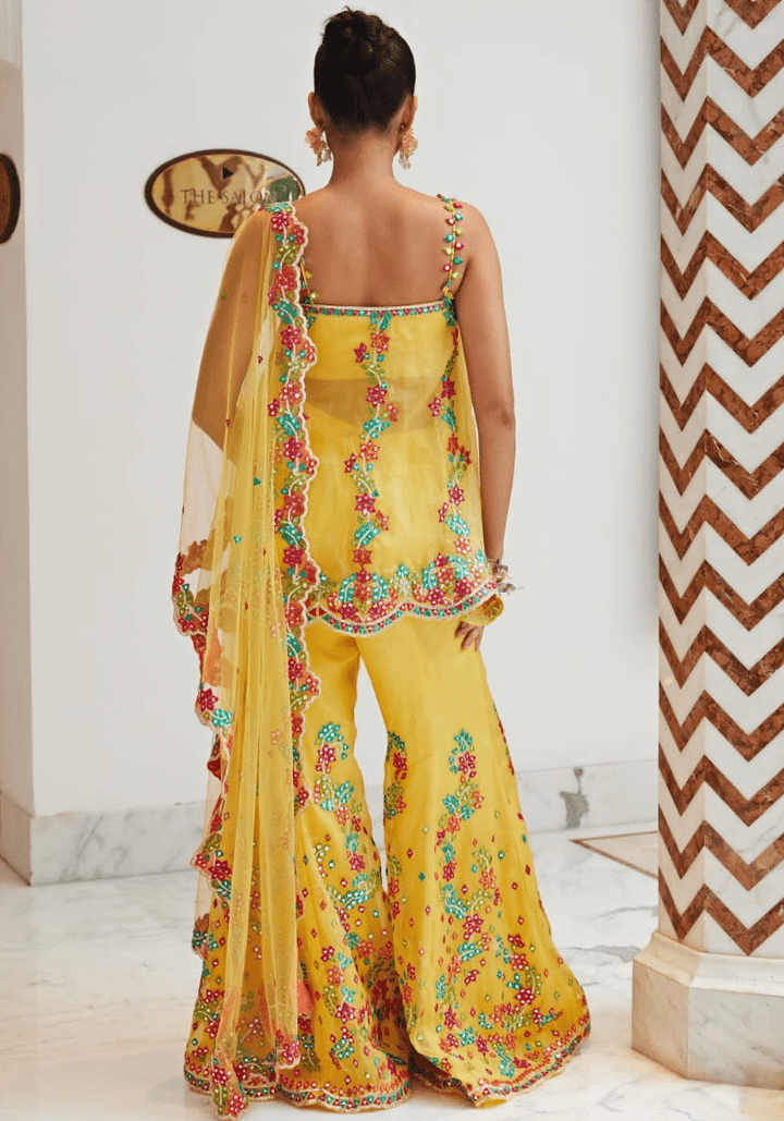Yellow Embroidered Organza Sharara Set Nitika Gujral - Fabilicious Fashion