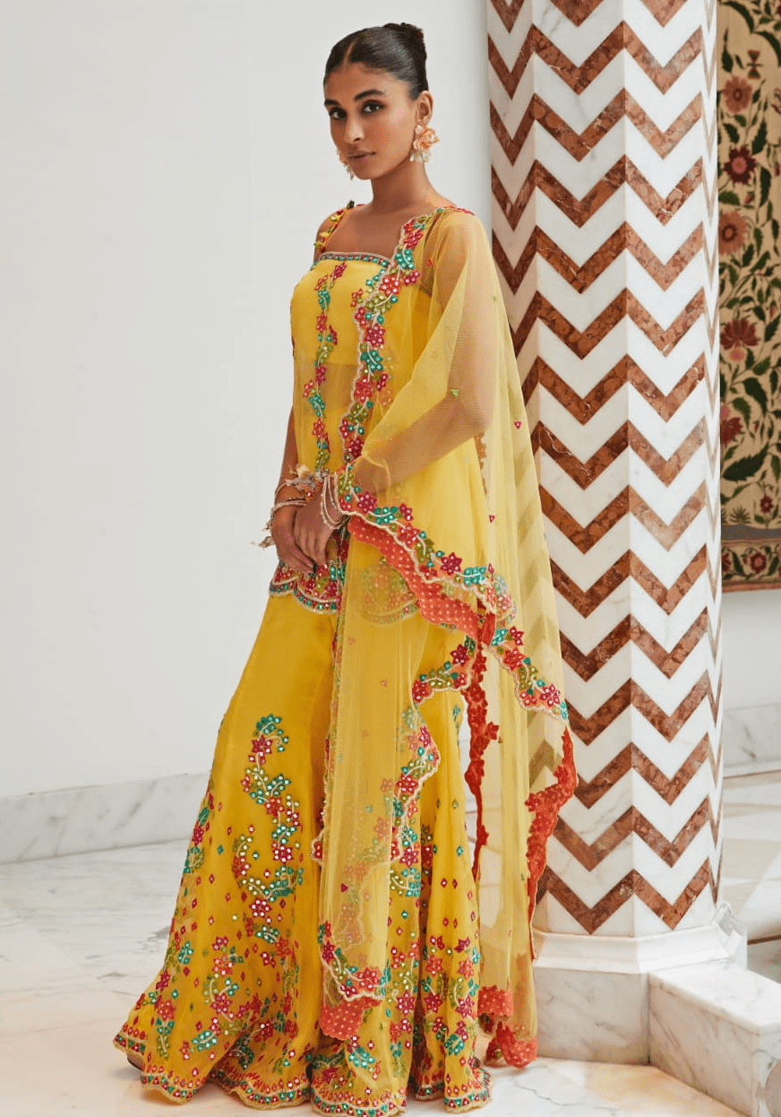Yellow Embroidered Organza Sharara Set Nitika Gujral - Fabilicious Fashion