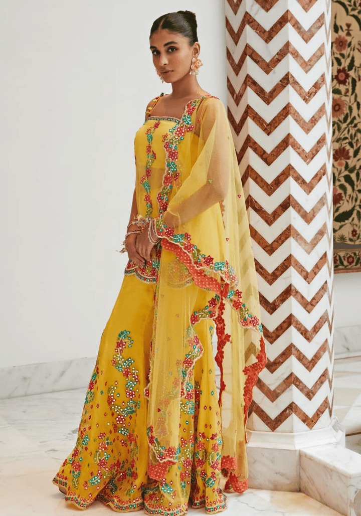 Yellow Embroidered Organza Sharara Set Nitika Gujral - Fabilicious Fashion