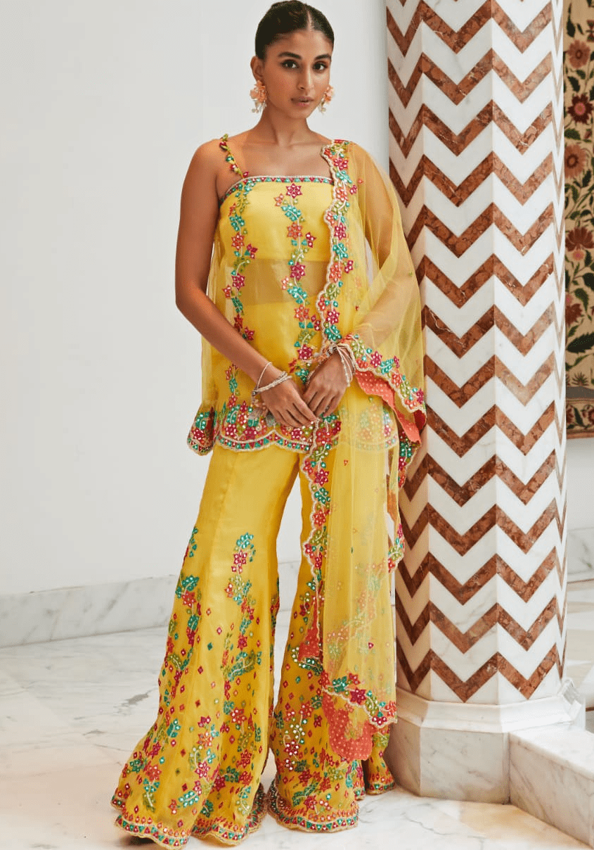 Yellow Embroidered Organza Sharara Set Nitika Gujral - Fabilicious Fashion