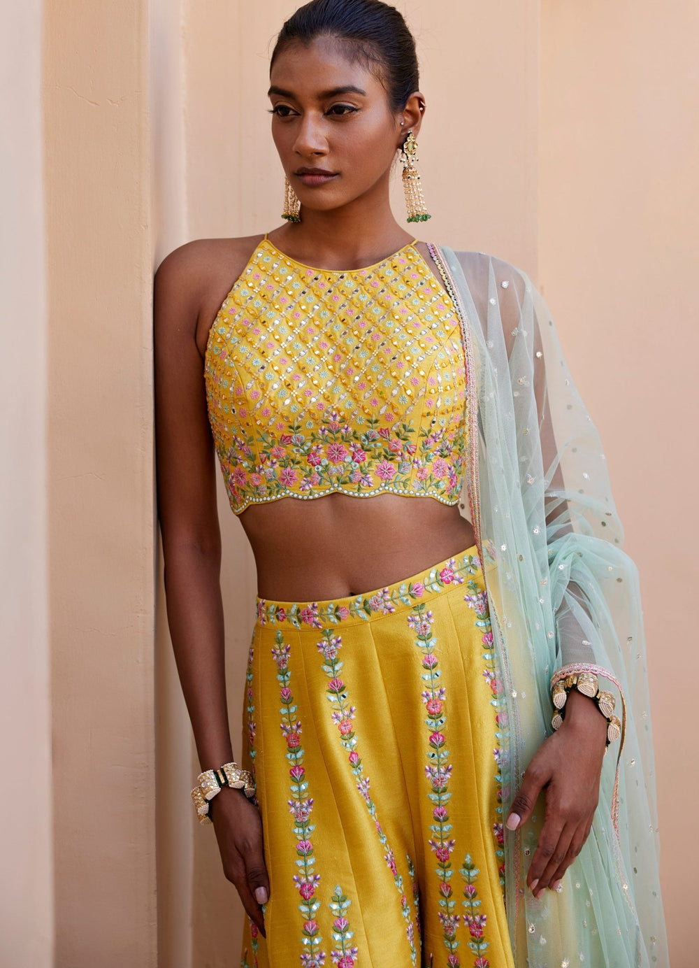 Yellow Embroidered Pant Set Chamee and Palak - Fabilicious Fashion