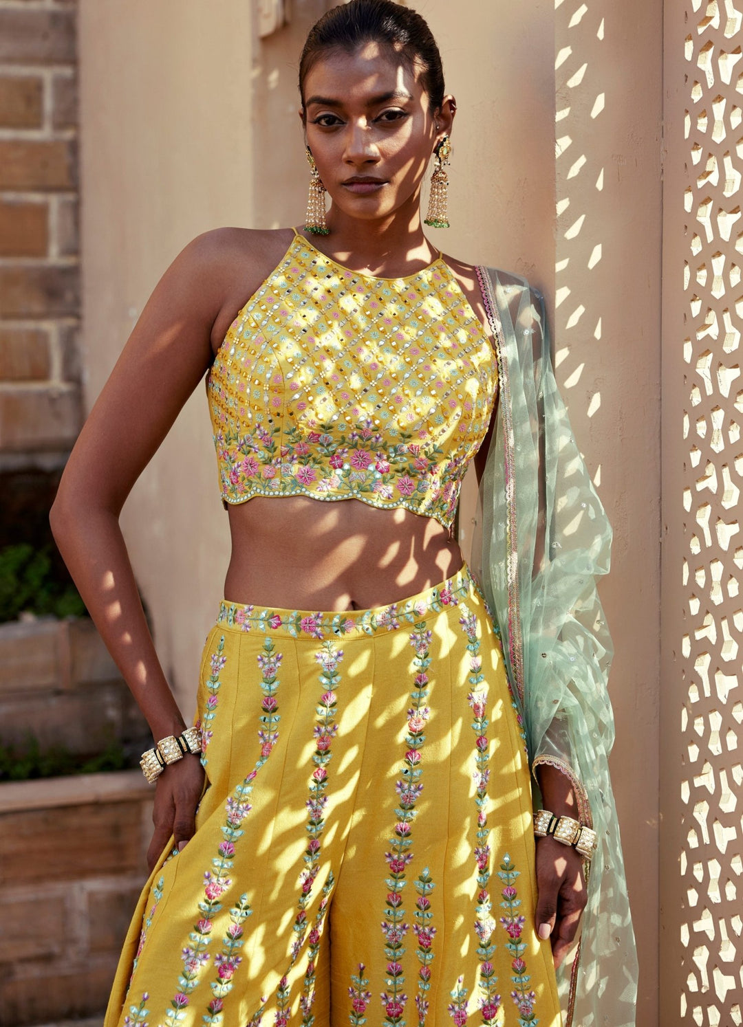Yellow Embroidered Pant Set Chamee and Palak - Fabilicious Fashion