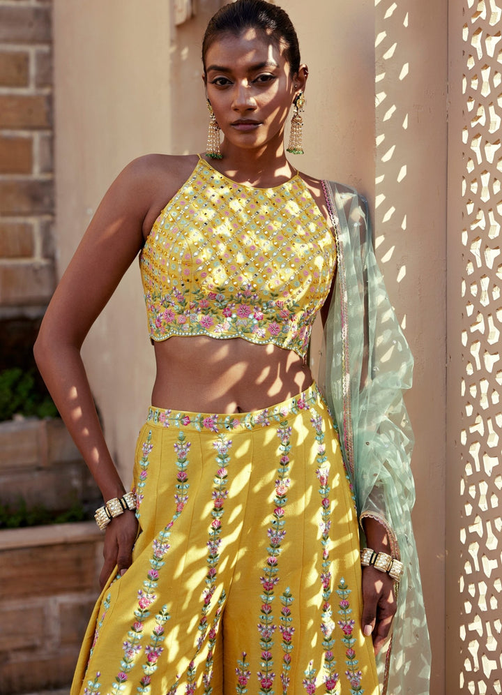 Yellow Embroidered Pant Set Chamee and Palak - Fabilicious Fashion