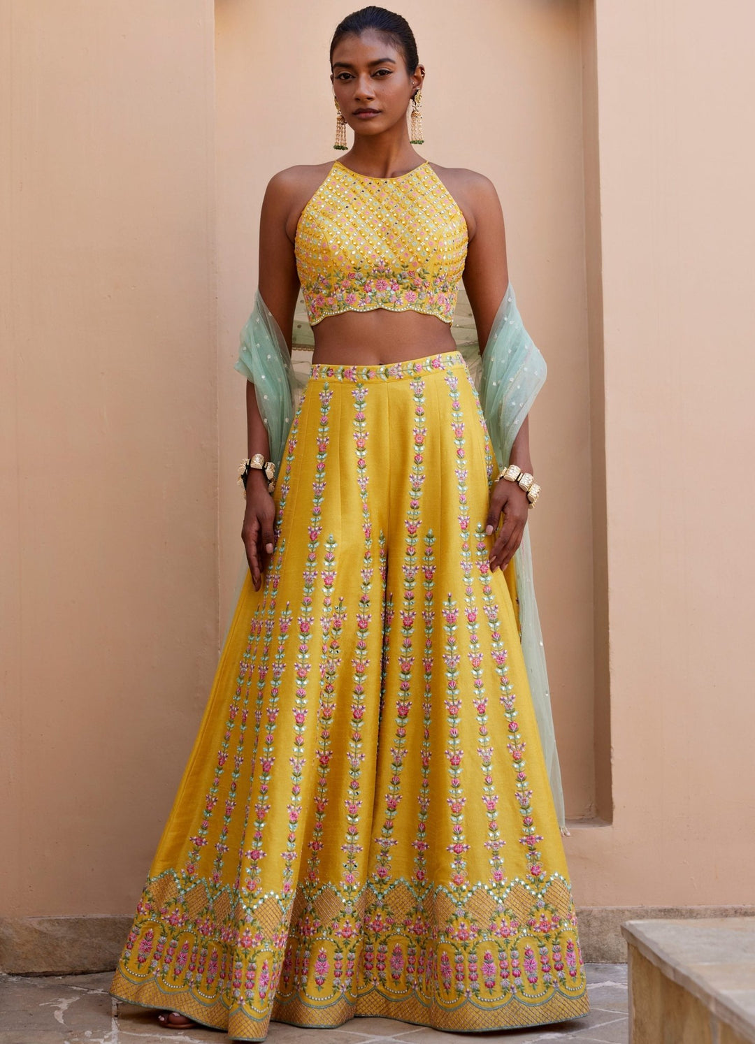 Yellow Embroidered Pant Set Chamee and Palak - Fabilicious Fashion