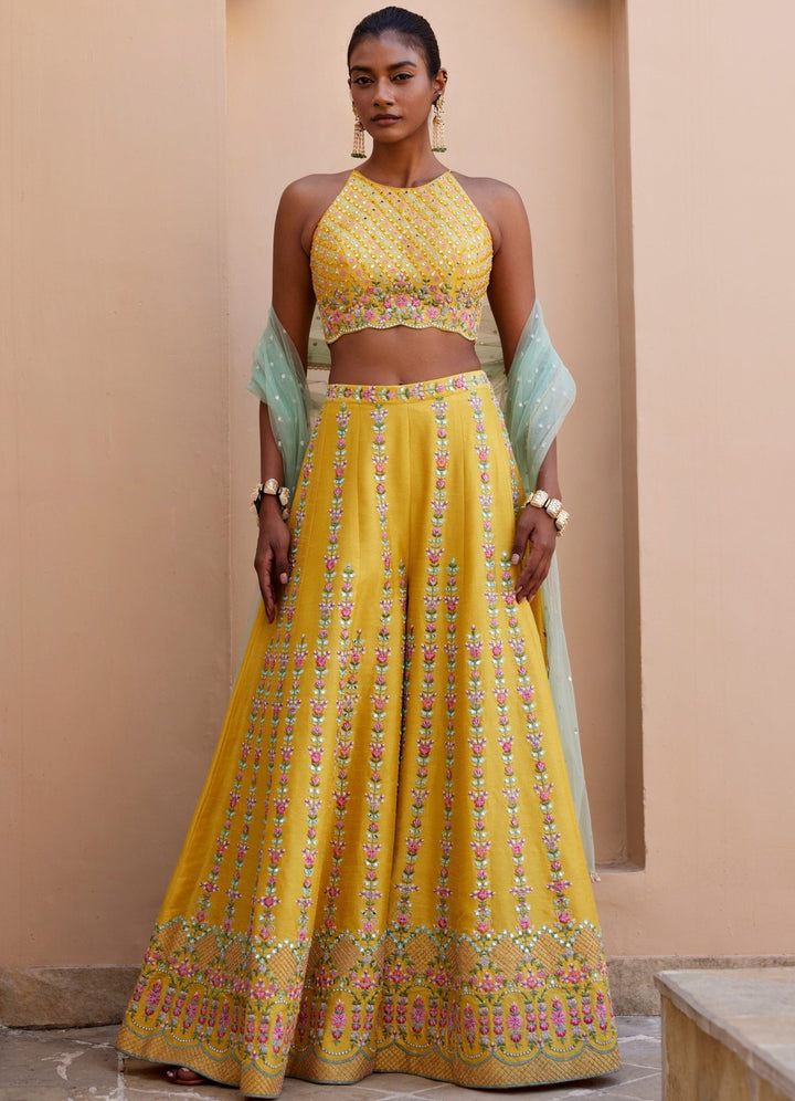 Yellow Embroidered Pant Set Chamee and Palak - Fabilicious Fashion