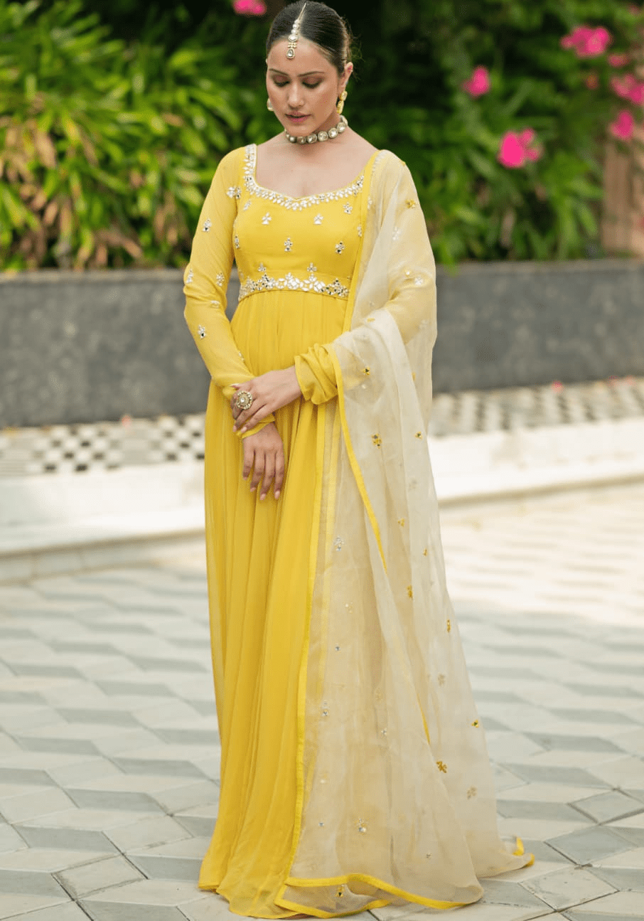 Yellow Georgette Anarkali set Esha Koul - Fabilicious Fashion