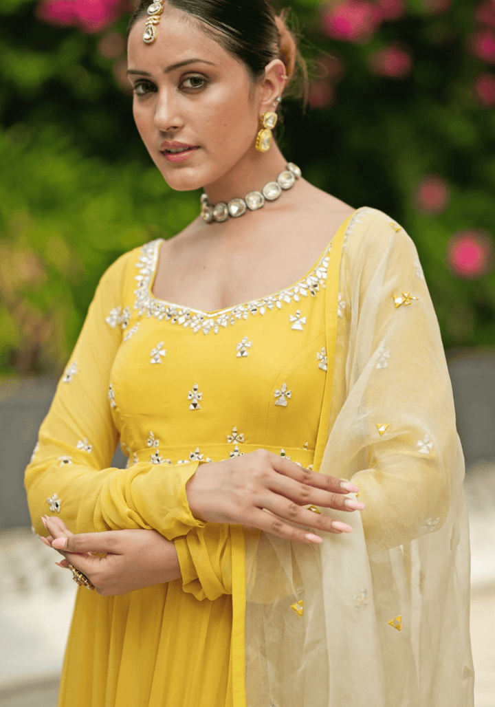 Yellow Georgette Anarkali set Esha Koul - Fabilicious Fashion