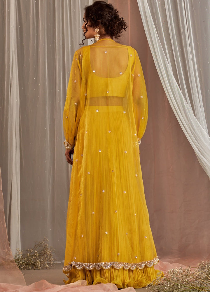 Yellow Georgette Lehenga With Scalloped Long Cape Nidhika Shekhar - Fabilicious Fashion