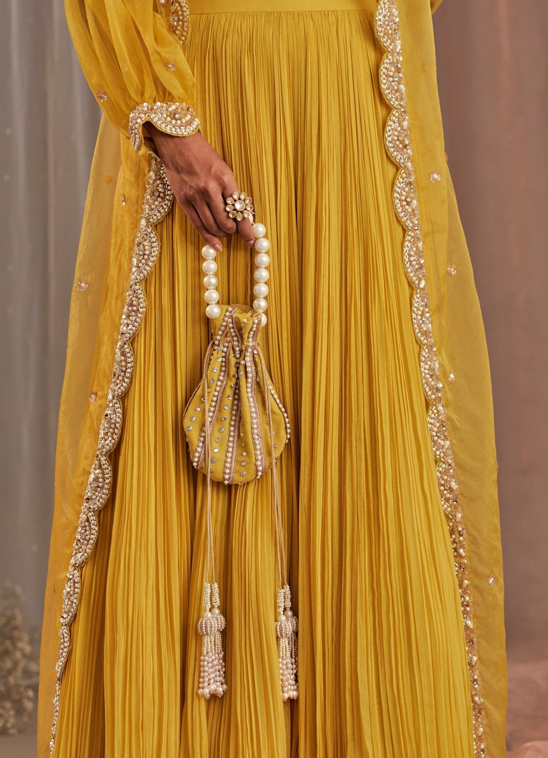 Yellow Georgette Lehenga With Scalloped Long Cape Nidhika Shekhar - Fabilicious Fashion