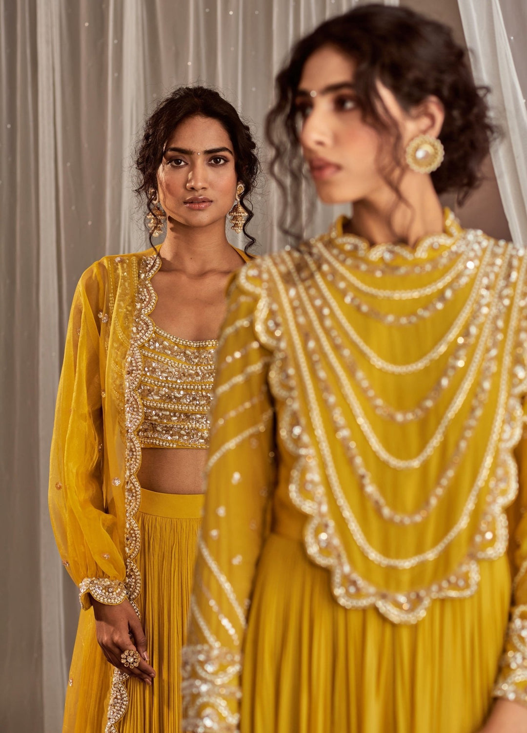 Yellow Georgette Lehenga With Scalloped Long Cape Nidhika Shekhar - Fabilicious Fashion