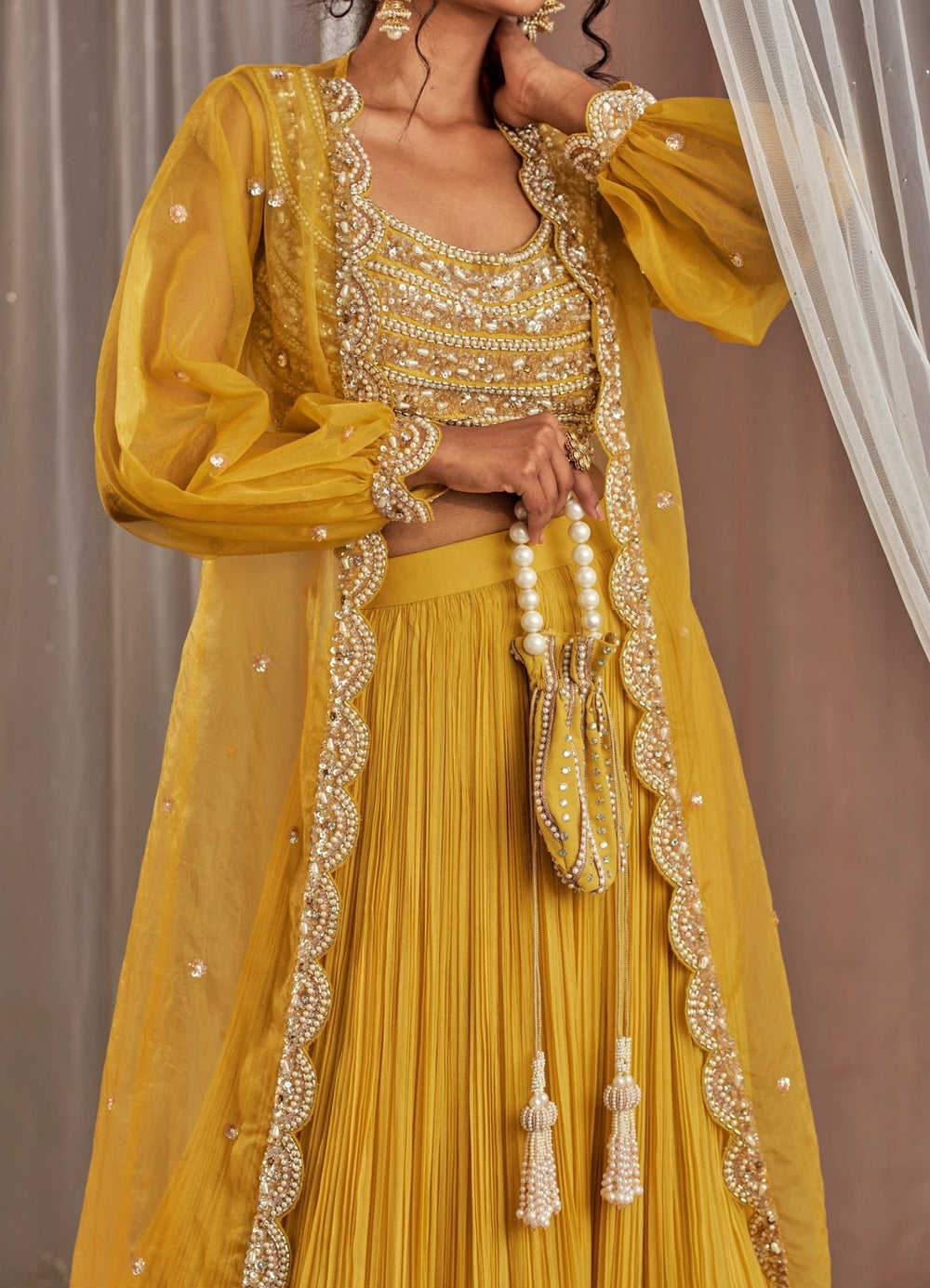 Yellow Georgette Lehenga With Scalloped Long Cape Nidhika Shekhar - Fabilicious Fashion