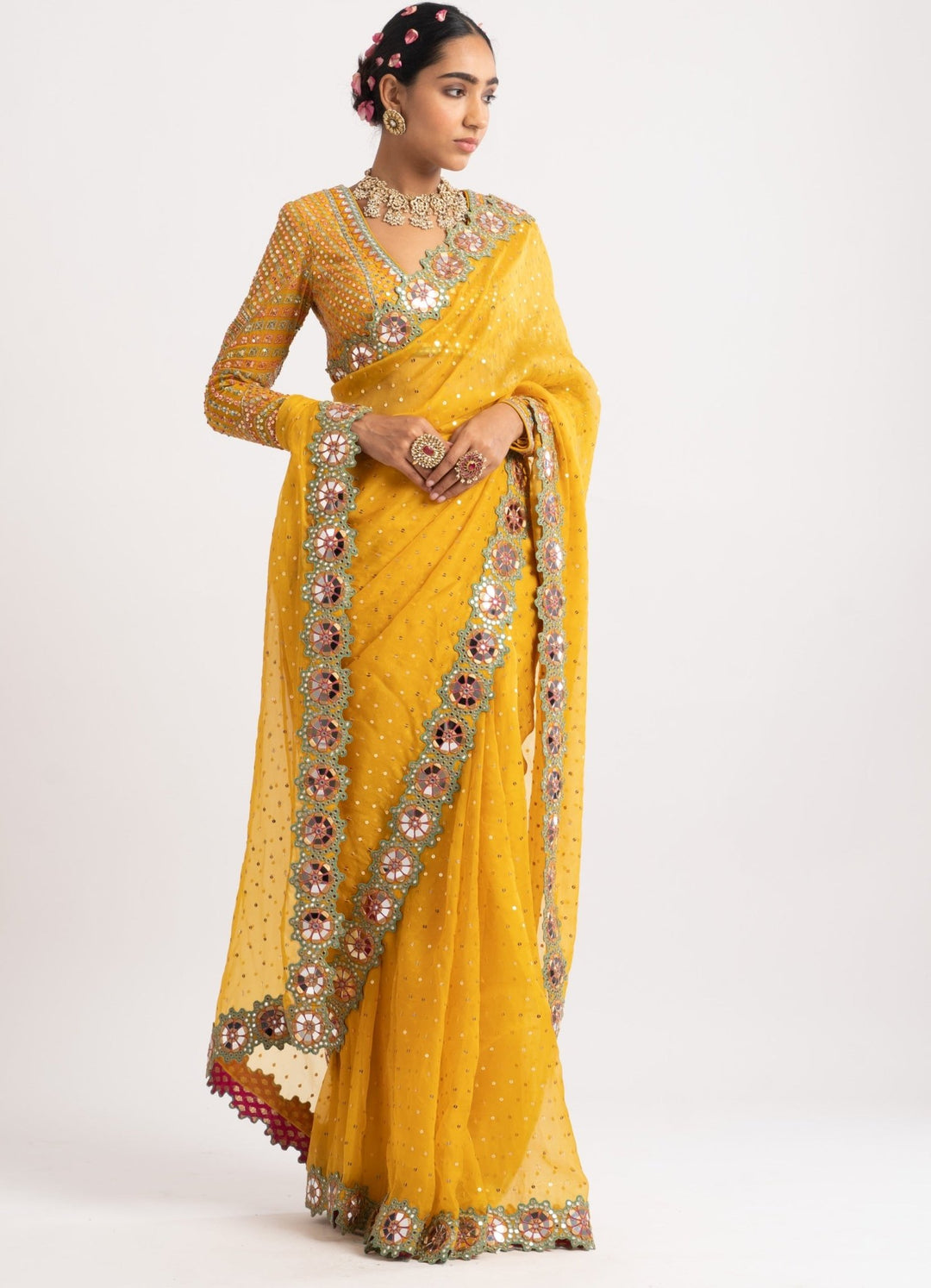 Yellow Hand Cut Mirror Border Saree Set Vvani by Vani Vats - Fabilicious Fashion