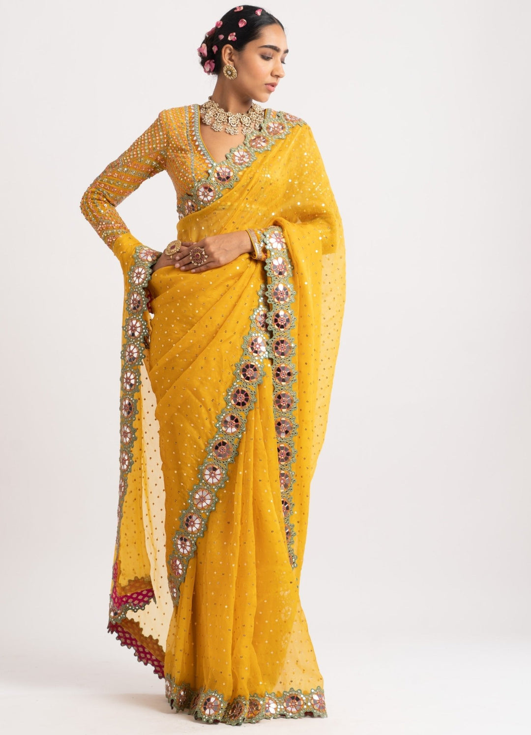 Yellow Hand Cut Mirror Border Saree Set Vvani by Vani Vats - Fabilicious Fashion