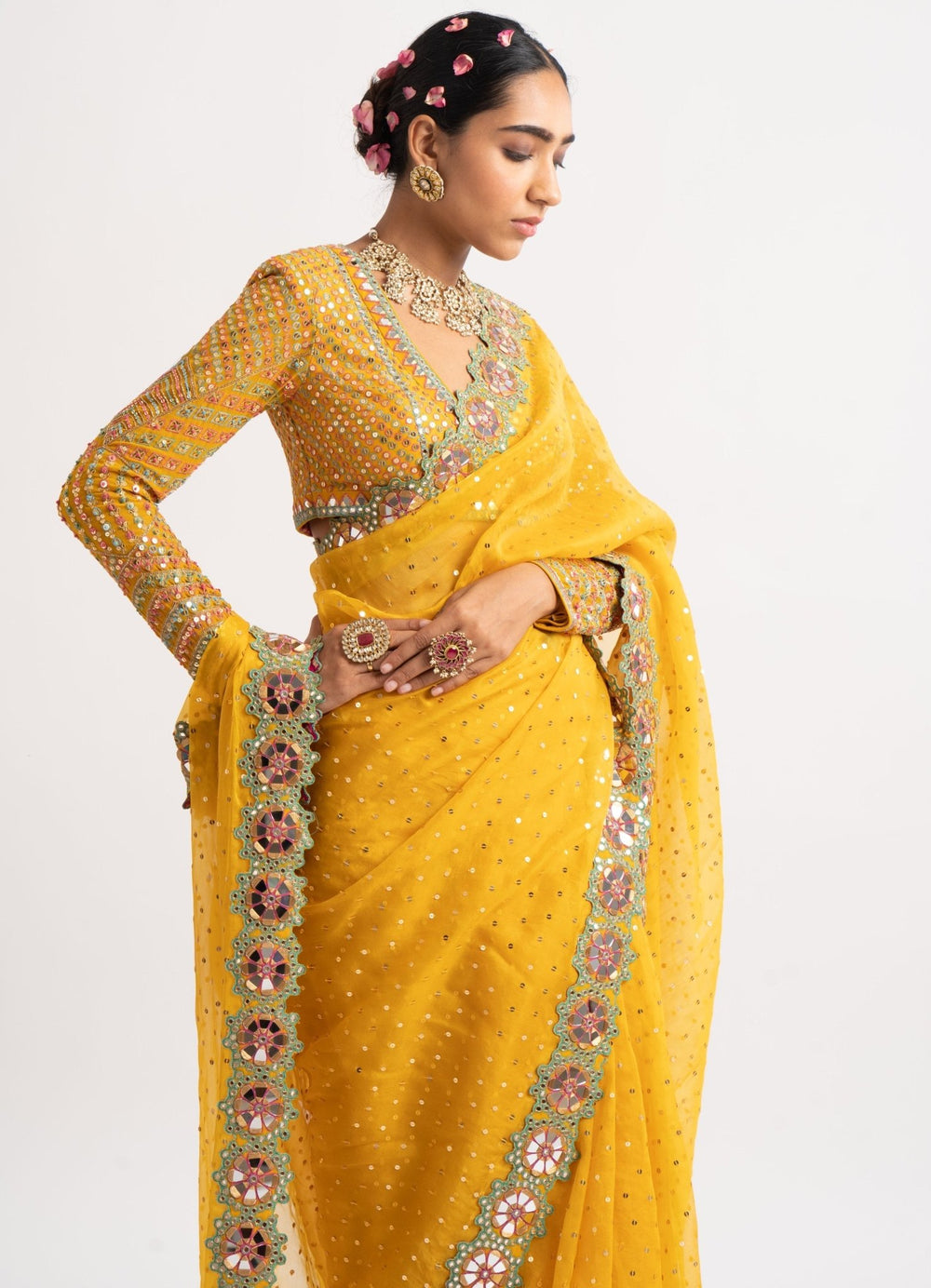 Yellow Hand Cut Mirror Border Saree Set Vvani by Vani Vats - Fabilicious Fashion