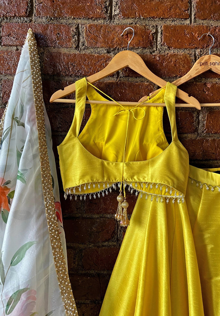 Yellow Lehenga Set With Floral Painted Dupatta Priti Sahni - Fabilicious Fashion